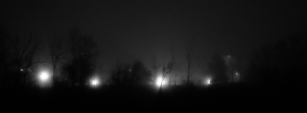 a black and white photo of trees on a dark foggy night. they are lit from behind by large squares of light.