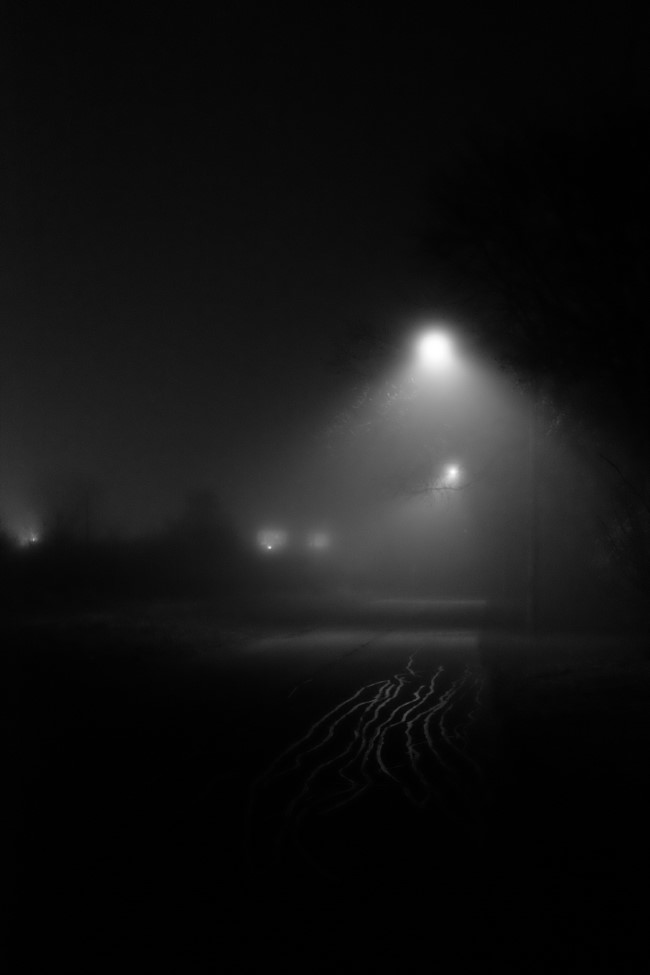 a streetlamp creates a pool of light on the road, in the middle of a foggy night. the light reflects off of the crack filling in the asphalt of the road.