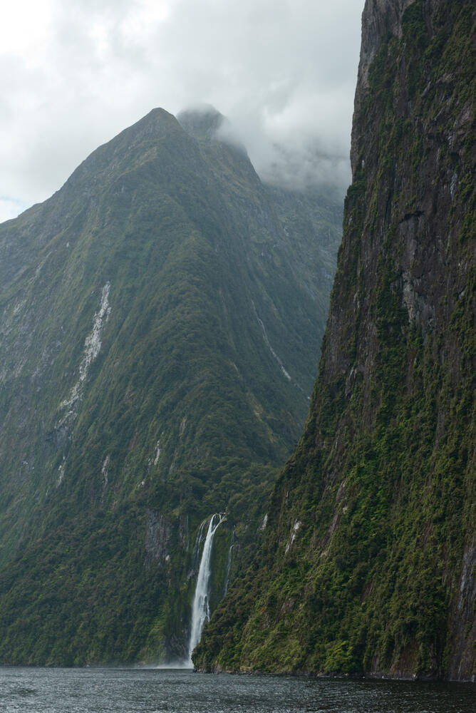 steep cliffs covered in vivid green plants, surrounding Stirling Falls in Milford Sound, NZ.